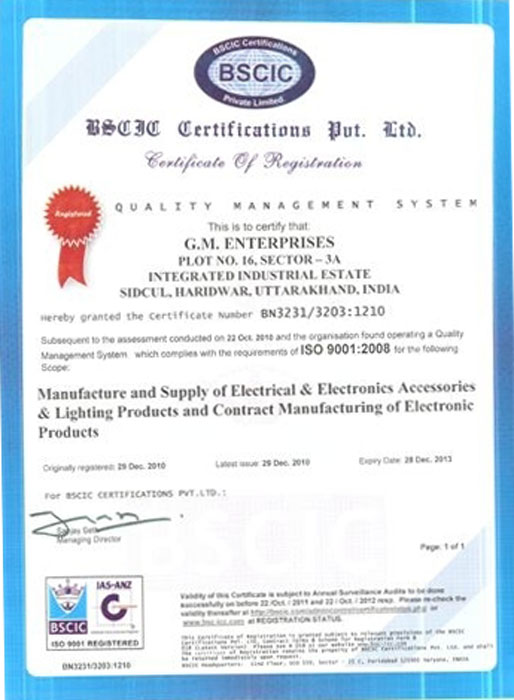 Certificate, G. M. Enterprises is an ISO 9001:2008  